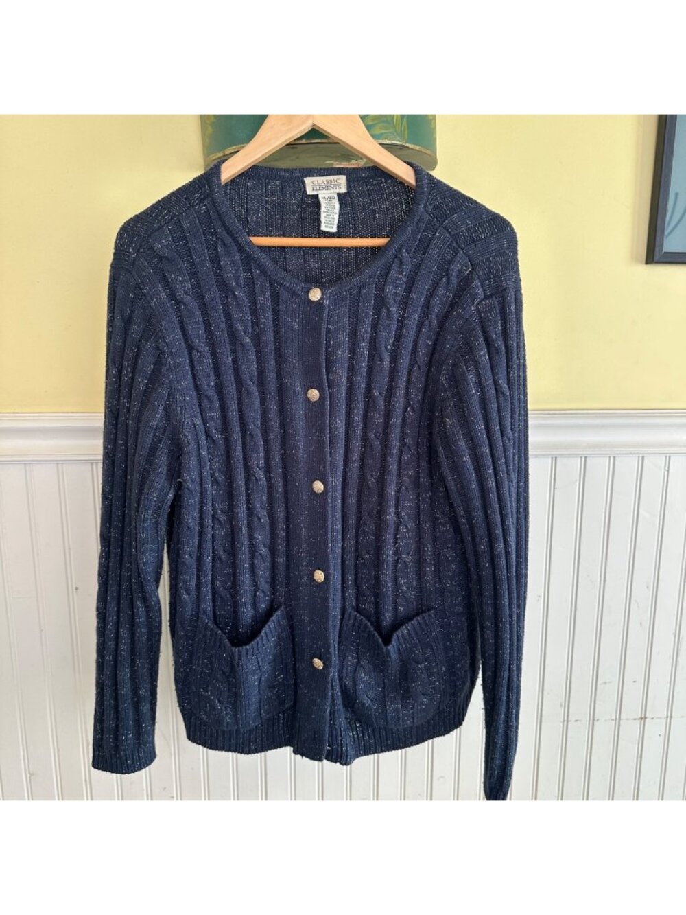 Classic Elements Navy Cable Knit Cardigan Sweater W/ Metallic Threads & Gold xl